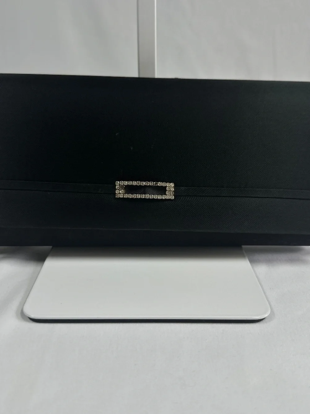 Black Clutch Handbag String Strap Magnetic Snap Rectangle Jeweled Embellishment
